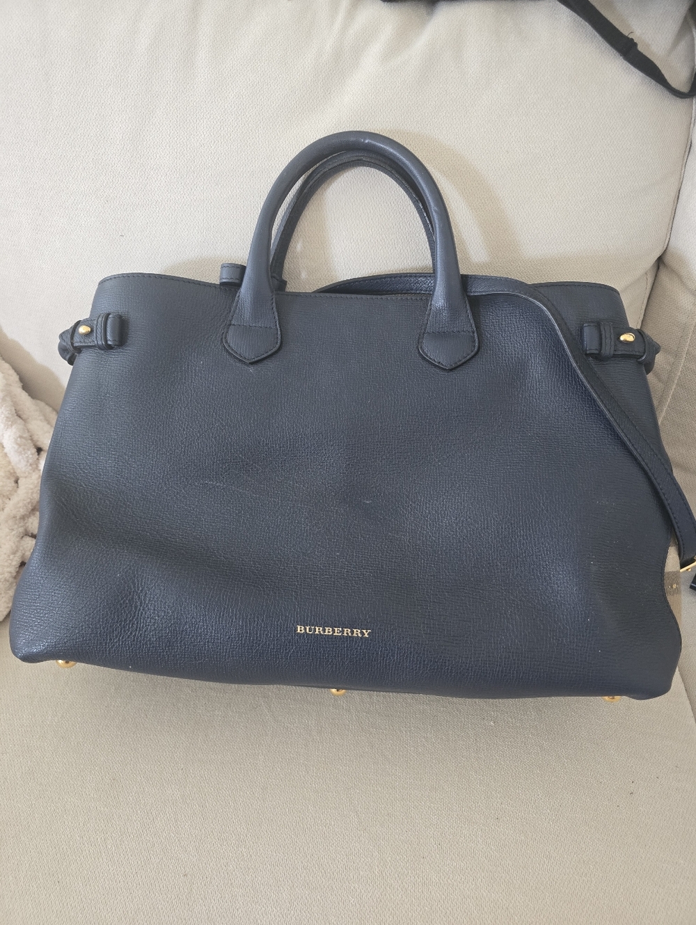 Burberry Navy Blue Leather Top-Handle Satchel with Shoulder Strap